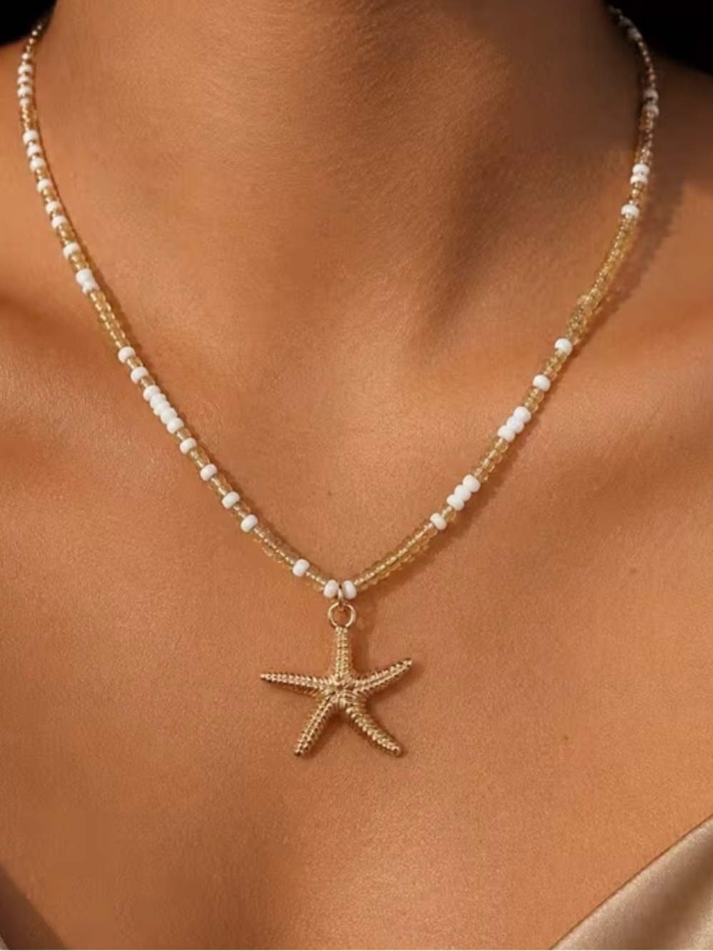 Gold Starfish Beaded Necklace with White Accent Beads